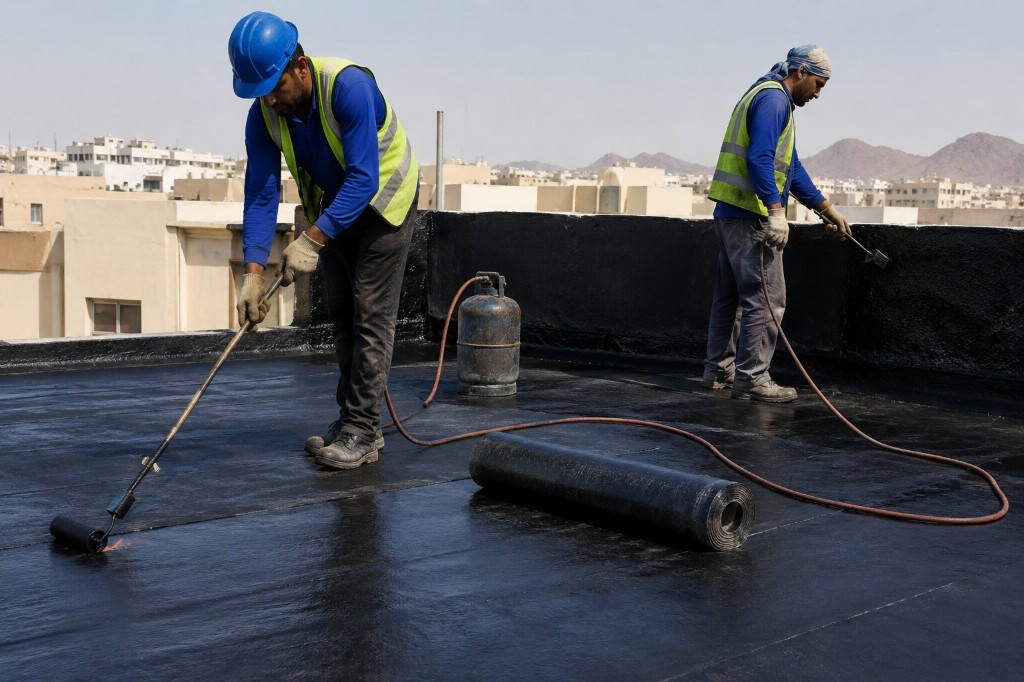 عمال يطبقون عزل بيتوميني على سطح مبنى في الرياض