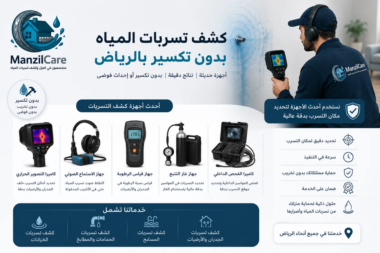 أجهزة كشف تسربات المياه الحديثة — صوتي وحراري وغاز تتبع في الرياض