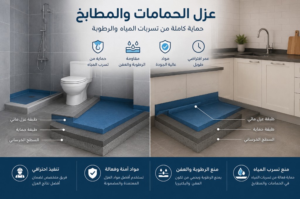 عزل الحمامات والمطابخ — حماية من تسربات المياه والرطوبة في الرياض